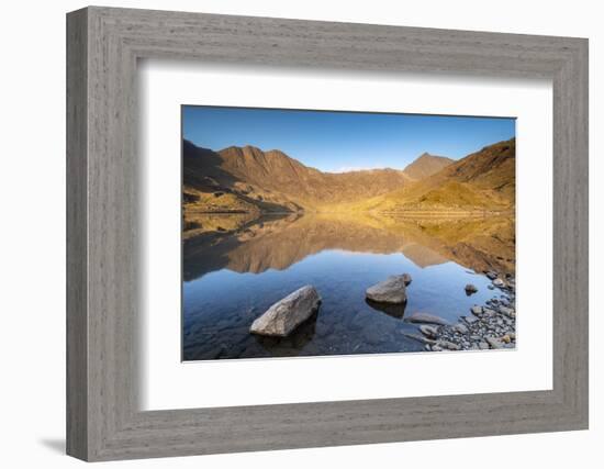 Early morning sunlight on Snowdon in spring, reflected in Llyn Llydaw, Snowdonia National Park-Adam Burton-Framed Photographic Print