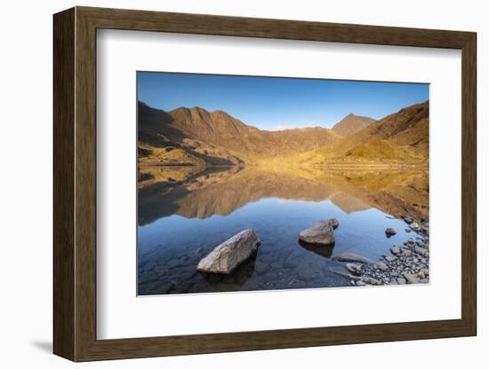 Early morning sunlight on Snowdon in spring, reflected in Llyn Llydaw, Snowdonia National Park-Adam Burton-Framed Photographic Print