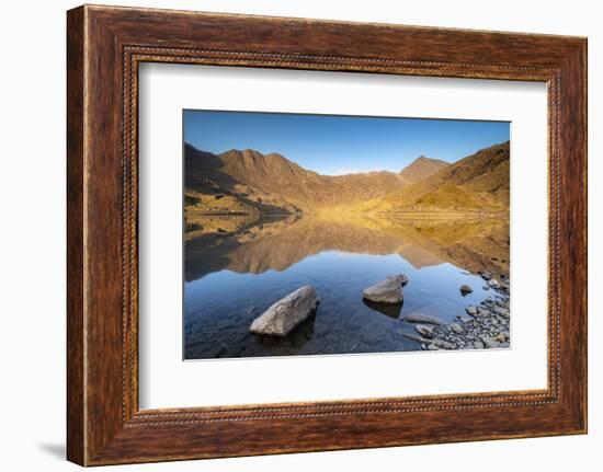 Early morning sunlight on Snowdon in spring, reflected in Llyn Llydaw, Snowdonia National Park-Adam Burton-Framed Photographic Print