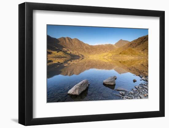 Early morning sunlight on Snowdon in spring, reflected in Llyn Llydaw, Snowdonia National Park-Adam Burton-Framed Photographic Print