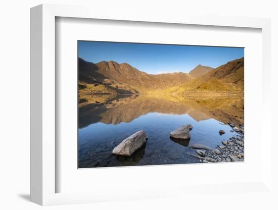 Early morning sunlight on Snowdon in spring, reflected in Llyn Llydaw, Snowdonia National Park-Adam Burton-Framed Photographic Print