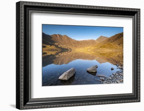 Early morning sunlight on Snowdon in spring, reflected in Llyn Llydaw, Snowdonia National Park-Adam Burton-Framed Photographic Print