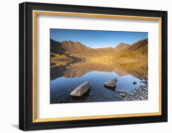 Early morning sunlight on Snowdon in spring, reflected in Llyn Llydaw, Snowdonia National Park-Adam Burton-Framed Photographic Print