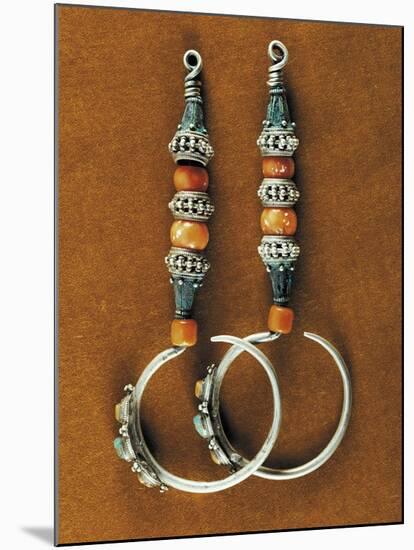 Earrings in Sterling Silver, Coral and Turquoise, Region of Tibet, Early 20th Century-null-Mounted Giclee Print