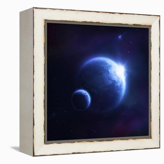 Earth and Moon in Outer Space with Rising Sun and Flying Meteorites-null-Framed Stretched Canvas