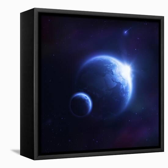 Earth and Moon in Outer Space with Rising Sun and Flying Meteorites-null-Framed Stretched Canvas