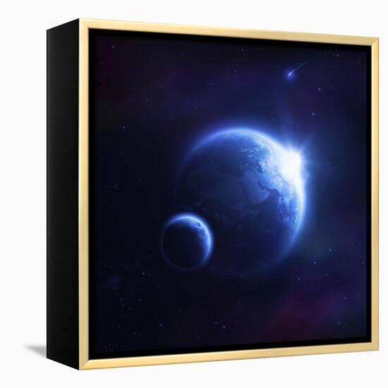 Earth and Moon in Outer Space with Rising Sun and Flying Meteorites-null-Framed Stretched Canvas