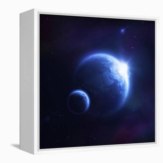 Earth and Moon in Outer Space with Rising Sun and Flying Meteorites-null-Framed Stretched Canvas