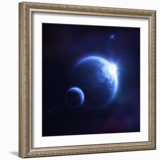 Earth and Moon in Outer Space with Rising Sun and Flying Meteorites-null-Framed Art Print