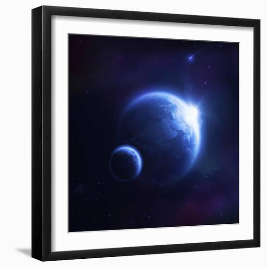 Earth and Moon in Outer Space with Rising Sun and Flying Meteorites-null-Framed Art Print