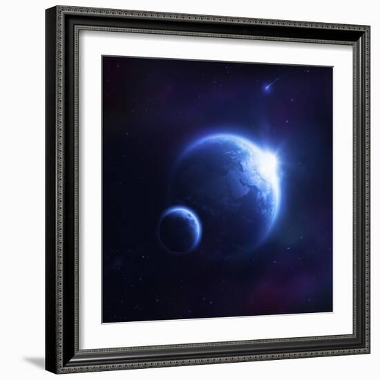 Earth and Moon in Outer Space with Rising Sun and Flying Meteorites-null-Framed Art Print