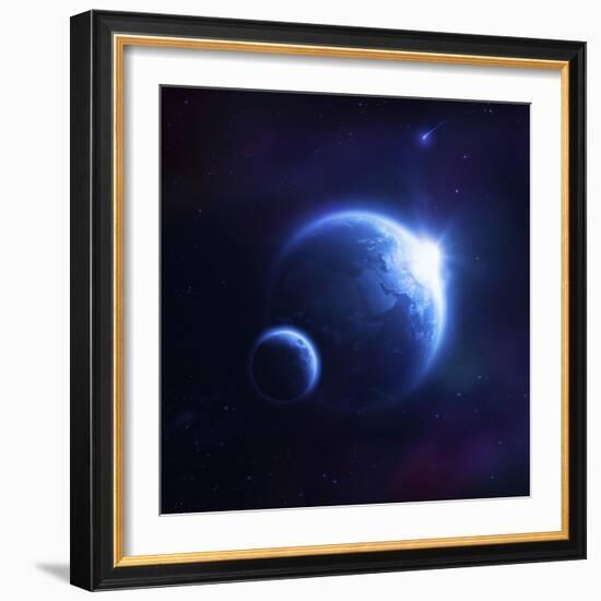 Earth and Moon in Outer Space with Rising Sun and Flying Meteorites-null-Framed Art Print