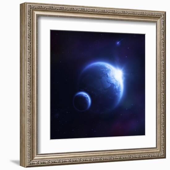 Earth and Moon in Outer Space with Rising Sun and Flying Meteorites-null-Framed Art Print