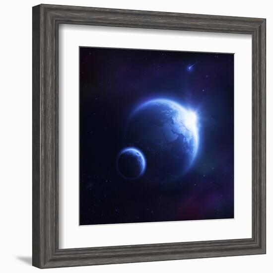 Earth and Moon in Outer Space with Rising Sun and Flying Meteorites-null-Framed Art Print