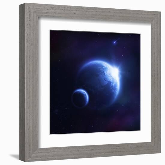 Earth and Moon in Outer Space with Rising Sun and Flying Meteorites-null-Framed Art Print