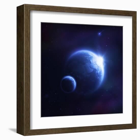 Earth and Moon in Outer Space with Rising Sun and Flying Meteorites-null-Framed Art Print