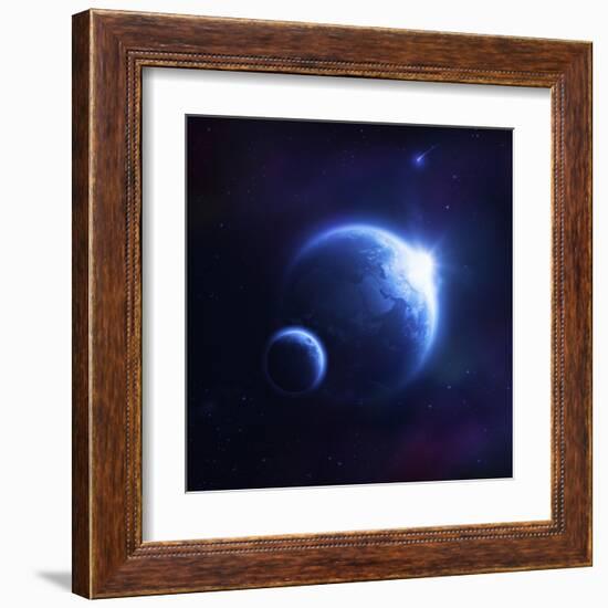 Earth and Moon in Outer Space with Rising Sun and Flying Meteorites-null-Framed Art Print