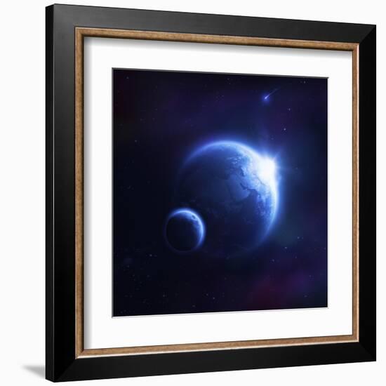 Earth and Moon in Outer Space with Rising Sun and Flying Meteorites-null-Framed Art Print