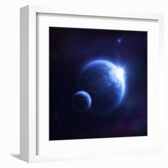 Earth and Moon in Outer Space with Rising Sun and Flying Meteorites-null-Framed Art Print