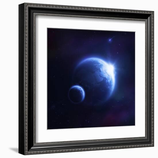 Earth and Moon in Outer Space with Rising Sun and Flying Meteorites-null-Framed Art Print