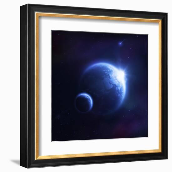 Earth and Moon in Outer Space with Rising Sun and Flying Meteorites-null-Framed Art Print