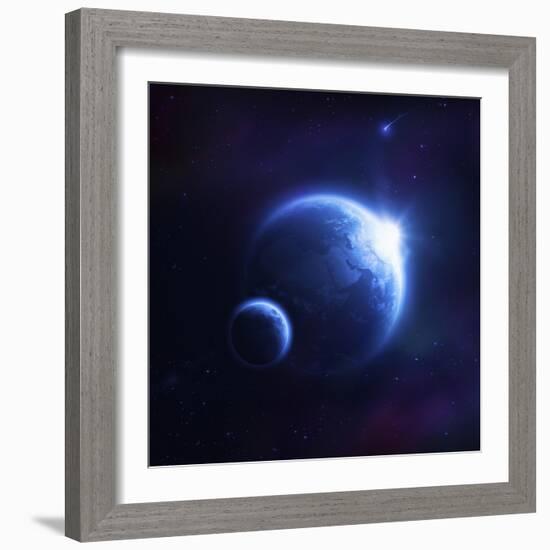 Earth and Moon in Outer Space with Rising Sun and Flying Meteorites-null-Framed Premium Giclee Print