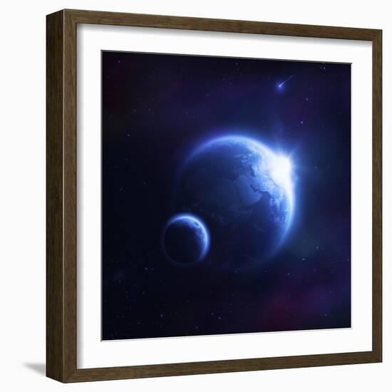 Earth and Moon in Outer Space with Rising Sun and Flying Meteorites-null-Framed Premium Giclee Print