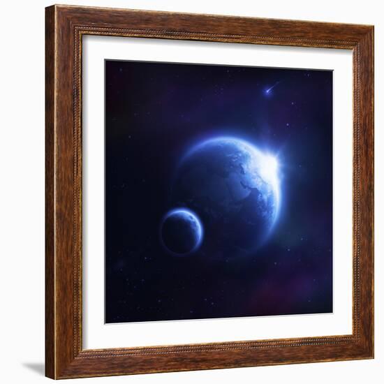 Earth and Moon in Outer Space with Rising Sun and Flying Meteorites-null-Framed Premium Giclee Print