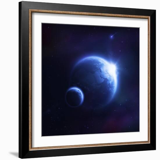 Earth and Moon in Outer Space with Rising Sun and Flying Meteorites-null-Framed Premium Giclee Print