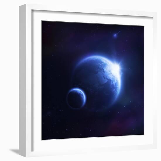 Earth and Moon in Outer Space with Rising Sun and Flying Meteorites-null-Framed Premium Giclee Print