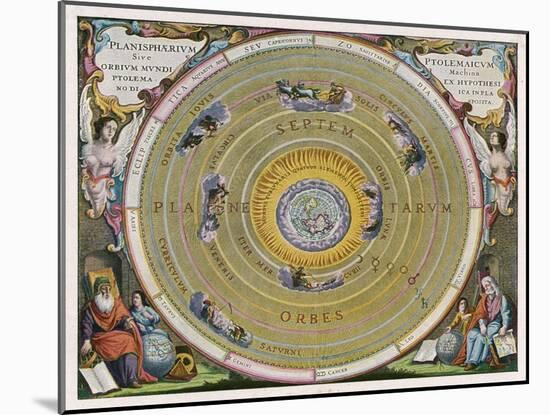 Earth is Depicted at the Centre of the Cosmos Circled by the Seven Planets Known to Him-Andreas Cellarius-Mounted Art Print