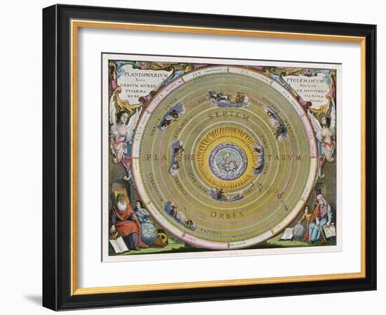 Earth is Depicted at the Centre of the Cosmos Circled by the Seven Planets Known to Him-Andreas Cellarius-Framed Art Print