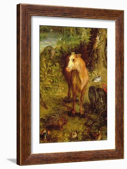 Earth or the Earthly Paradise, Detail of a Cow, Porcupine and Other Animals, 1607-08-Jan Brueghel the Elder-Framed Giclee Print