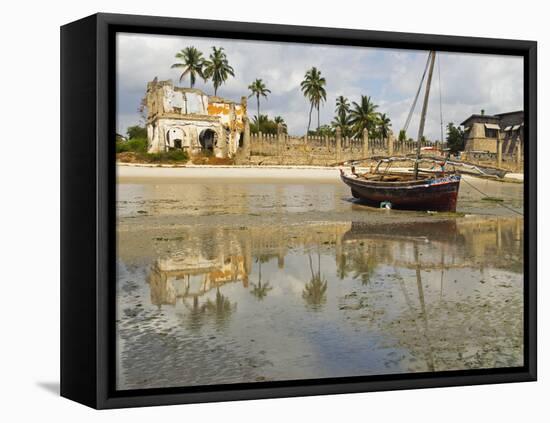 East Africa, Tanzania, Zanzibar, A Boat Moored on the Sands of Bagamoyo-Paul Harris-Framed Premier Image Canvas