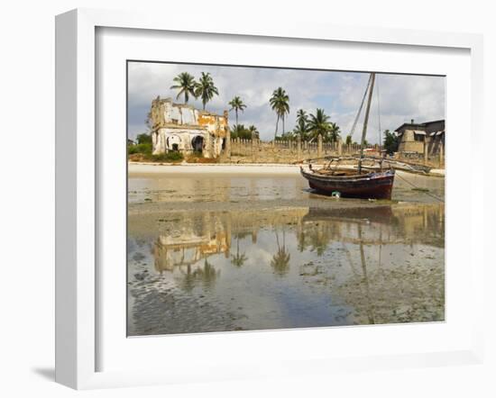 East Africa, Tanzania, Zanzibar, A Boat Moored on the Sands of Bagamoyo-Paul Harris-Framed Photographic Print