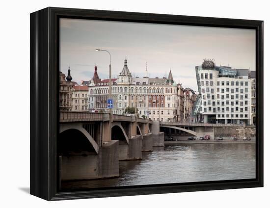 East Bank of Vltava River with Dancing House and Jiraskuv Bridge, Prague, Czech Republic-Nick Servian-Framed Premier Image Canvas