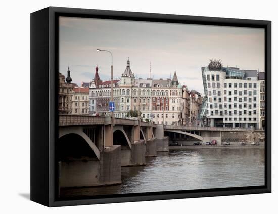 East Bank of Vltava River with Dancing House and Jiraskuv Bridge, Prague, Czech Republic-Nick Servian-Framed Premier Image Canvas