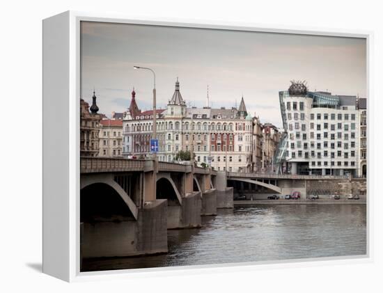 East Bank of Vltava River with Dancing House and Jiraskuv Bridge, Prague, Czech Republic-Nick Servian-Framed Premier Image Canvas
