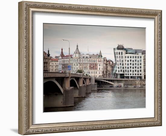 East Bank of Vltava River with Dancing House and Jiraskuv Bridge, Prague, Czech Republic-Nick Servian-Framed Photographic Print