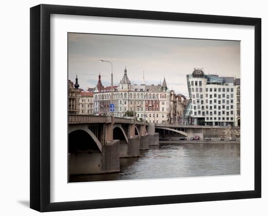 East Bank of Vltava River with Dancing House and Jiraskuv Bridge, Prague, Czech Republic-Nick Servian-Framed Photographic Print