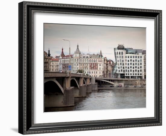 East Bank of Vltava River with Dancing House and Jiraskuv Bridge, Prague, Czech Republic-Nick Servian-Framed Photographic Print