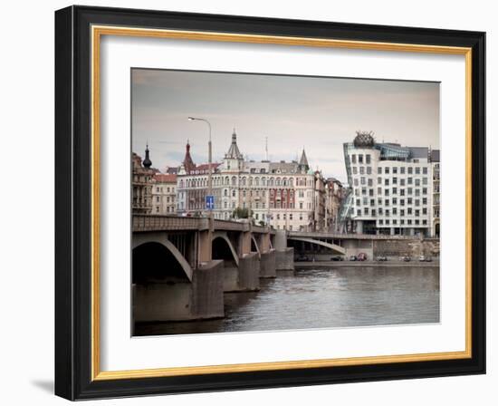 East Bank of Vltava River with Dancing House and Jiraskuv Bridge, Prague, Czech Republic-Nick Servian-Framed Photographic Print