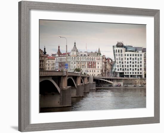 East Bank of Vltava River with Dancing House and Jiraskuv Bridge, Prague, Czech Republic-Nick Servian-Framed Photographic Print