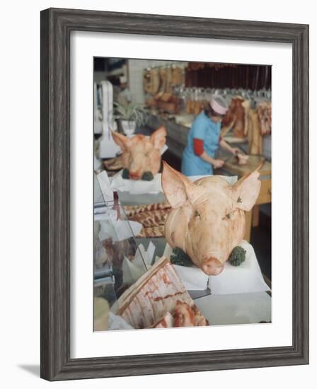 East German Butcher Shop, Displaying Whole Pigs Heads-Ralph Crane-Framed Photographic Print