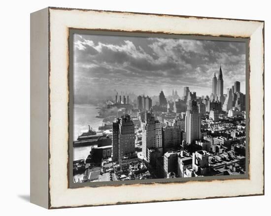 East River Waterfront and Manhattan, 1931-null-Framed Premier Image Canvas