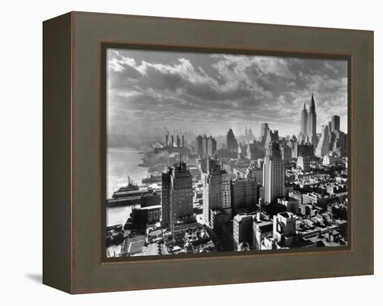 East River Waterfront and Manhattan, 1931-null-Framed Premier Image Canvas