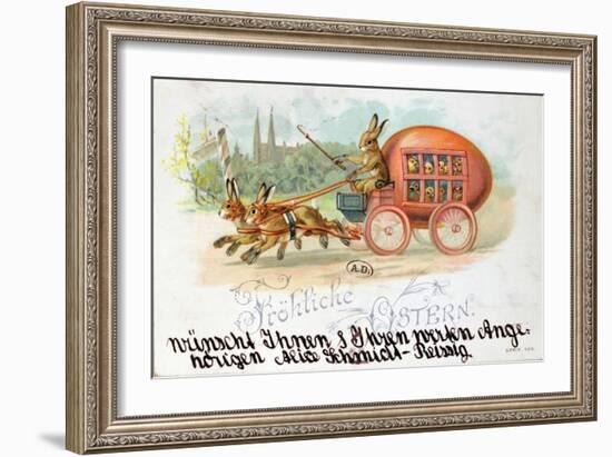 Easter Card Depicting an Egg-Shaped Carriage with Rabbits and Chickens, before 1914-null-Framed Giclee Print