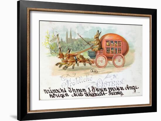 Easter Card Depicting an Egg-Shaped Carriage with Rabbits and Chickens, before 1914-null-Framed Giclee Print