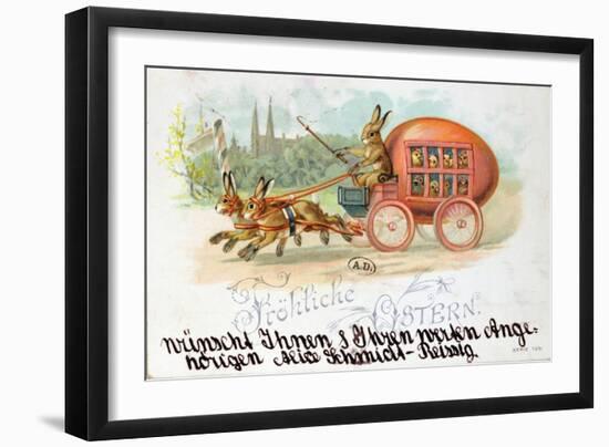 Easter Card Depicting an Egg-Shaped Carriage with Rabbits and Chickens, before 1914-null-Framed Giclee Print