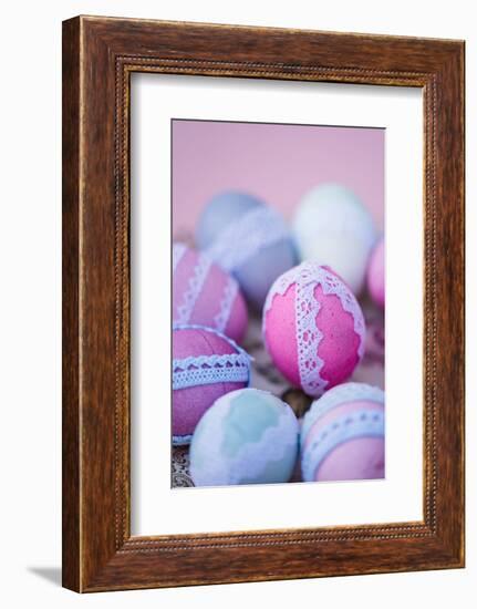 Easter decoration, plate, eggs, lace, detail, blur, close up,-mauritius images-Framed Photographic Print
